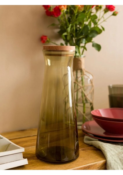 Yeşil Ahşap Kapaklı Cam Sürahi 1150 Ml, Şık ve Doğal Tasarım