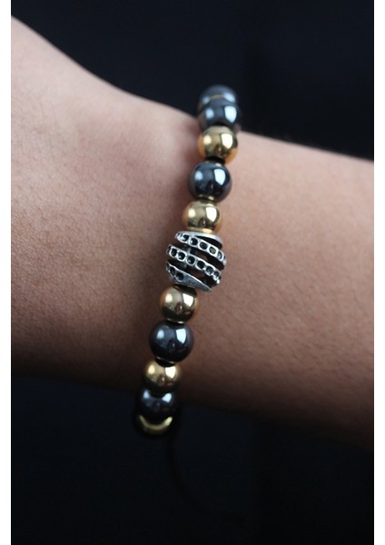 Bfs Doğal Taş Sarmal Model Gold ve Füme Renk Asansörlü Erkek Bileklik