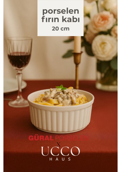 20 cm Yuvarlak, Isıya Dayanıklı Porselen Fırın ve Yemek Kabı, Beyaz Renk