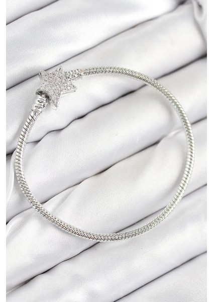 Bfs Pirinç Charm Zirkon Taşlı Yıldız Model Gümüş Renk Kadın Bileklik