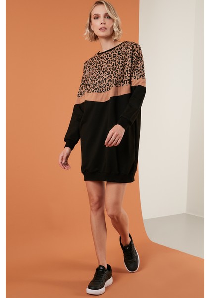 Leopar Desenli Renk Bloklu Oversize Bisiklet Yaka Tunik Bayan Tunik 5863604