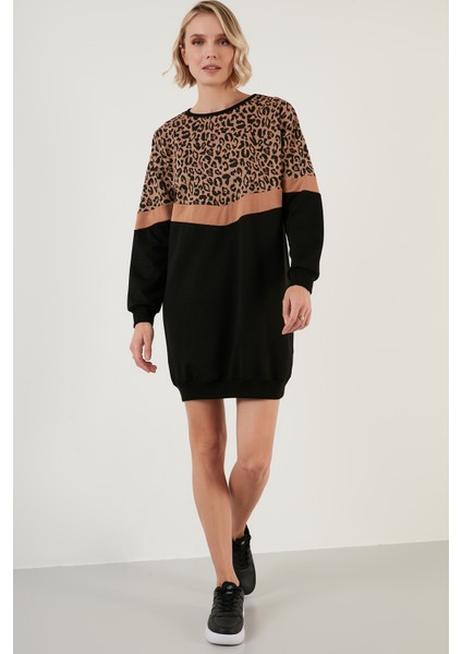 Leopar Desenli Renk Bloklu Oversize Bisiklet Yaka Tunik Bayan Tunik 5863604 modelleri