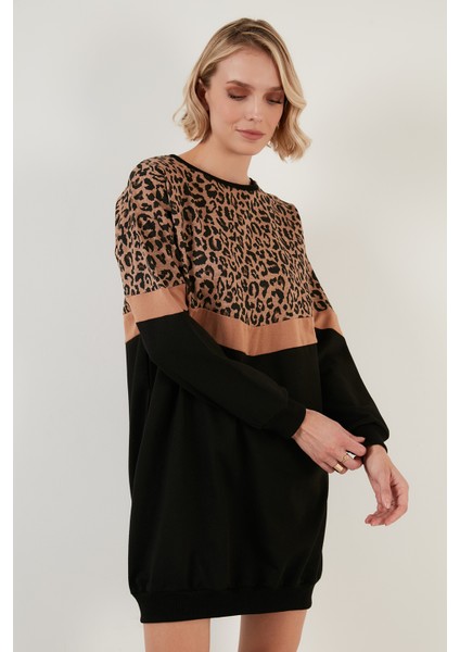 Leopar Desenli Renk Bloklu Oversize Bisiklet Yaka Tunik Bayan Tunik 5863604
