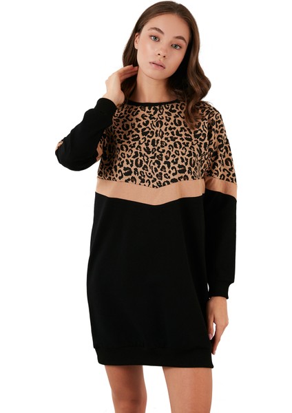 Leopar Desenli Renk Bloklu Oversize Bisiklet Yaka Tunik Bayan Tunik 5863604
