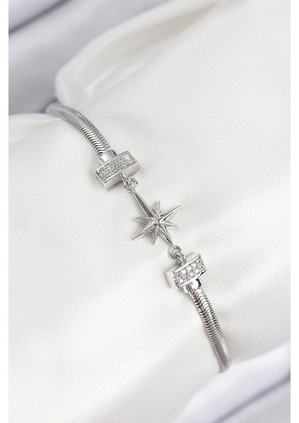 Bfs Pirinç Zirkon Taşlı Kutup Yıldızı Model Gümüş Renk Kadın Bileklik