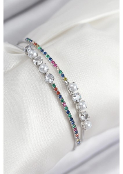 Bfs Pirinç Zirkon Taşlı Inci Model Gümüş Renk Kadın Bileklik