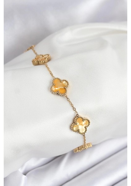 Bfs 316L Çelik Gold Zincir Sarı Yonca Bileklik