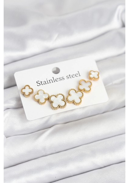 Bfs 316L Çelik Gold Beyaz Renk 3 Boy Yonca Küpe Seti