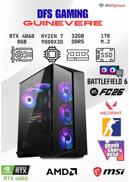 Dfs Gamıng Guınevere Ryzen 7 9800X3D-B650M-RTX 4060-32GB Ddr5 Ram-1tb M.2 Ssd-Oyuncu Bilgisayarı