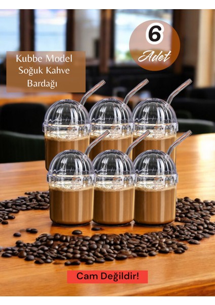 6'lı Turuncu Kubbe Model Soğuk Kahve Bardağı 430ML Pipetli Set