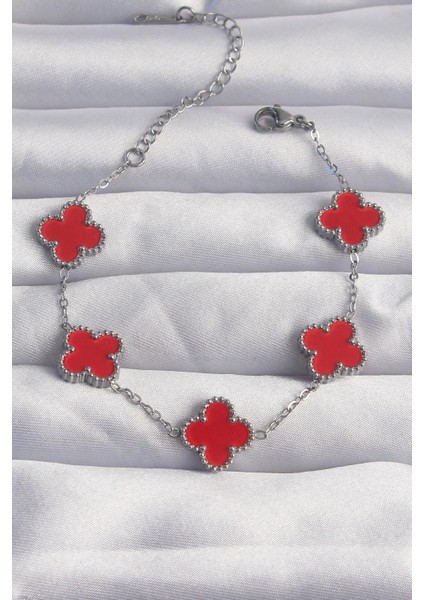 Bfs 316L Çelik Gümüş Renk Kırmızı Mineli Yonca Bileklik