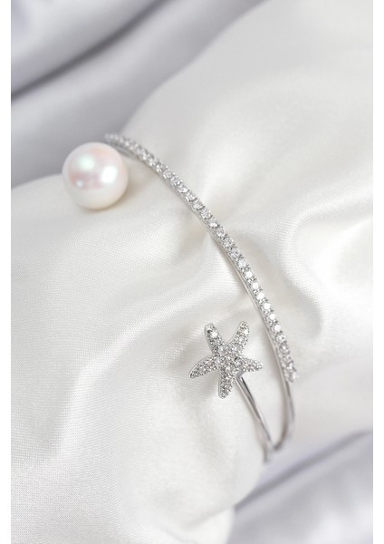 Bfs Pirinç Zirkon Taşlı Yıldız ve Inci Model Gümüş Renk Kadın Bileklik