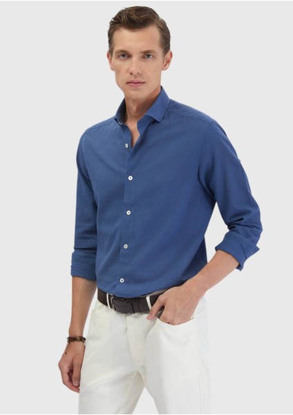 Indigo Düz Casual Fit Dokuma Casual %100 Pamuk Gömlek