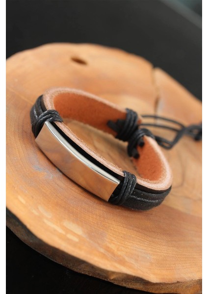 Bfs Çelik Aksesuarlı Siyah Renk Deri Erkek Bileklik