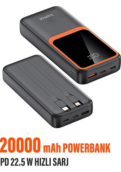 20.000 Mah Hızlı Şarj Pd 22.5W Powerbank Lightning Type-C Çıkışlı Dijital Göstergeli Kendinden Kablo