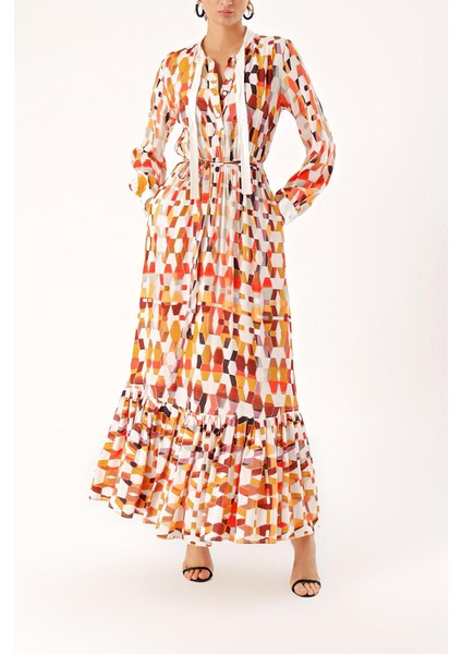 Desenli Beli Lastikli Büzgülü Elbise 94253