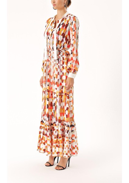 Desenli Beli Lastikli Büzgülü Elbise 94253 modelleri