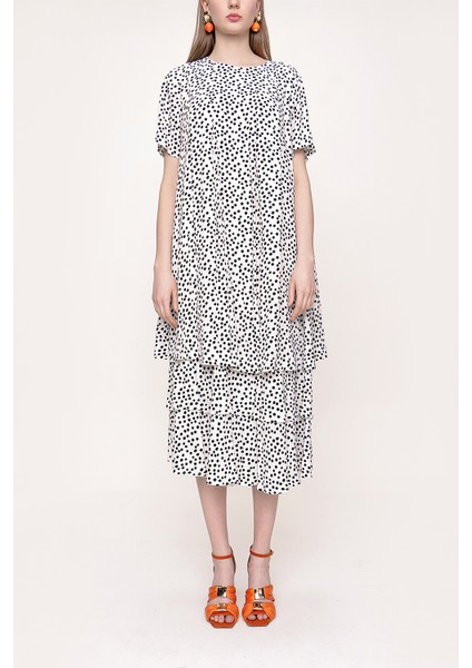 Ekru Siyah Volanlı Bol Kesim Kısa Kol Elbise 93388