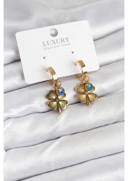 Bfs 316L Çelik Nazarlı Yonca Model Kadın Küpe