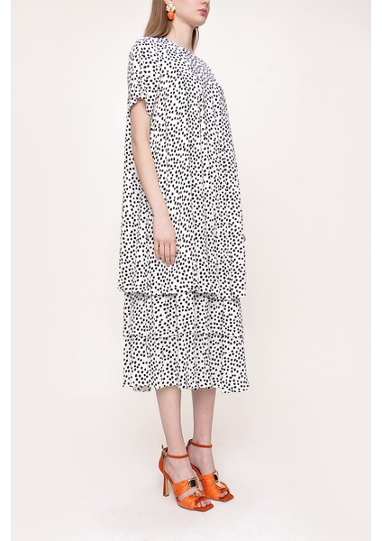 Ekru Siyah Volanlı Bol Kesim Kısa Kol Elbise 93388 fiyatları