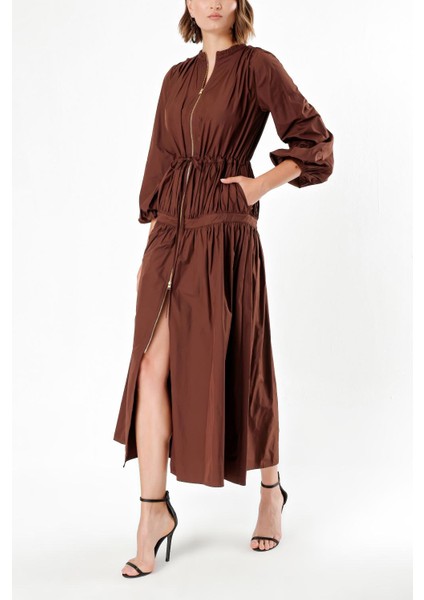 Kahve Beli Lastikli Büzgülü Uzun Elbise 93842