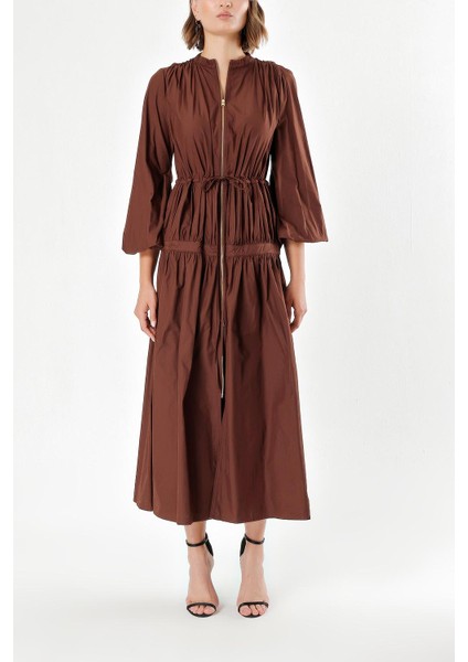 Kahve Beli Lastikli Büzgülü Uzun Elbise 93842 fiyatları