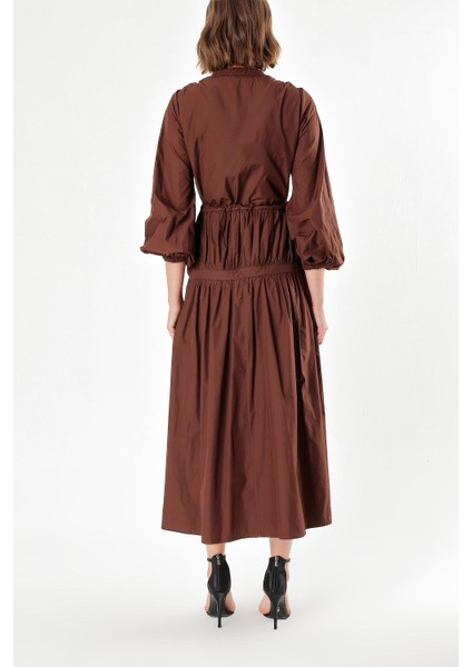 Kahve Beli Lastikli Büzgülü Uzun Elbise 93842 fırsatları