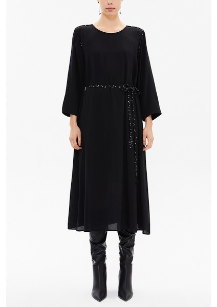 Desenli Omuzları Biyeli Midi Elbise 93039