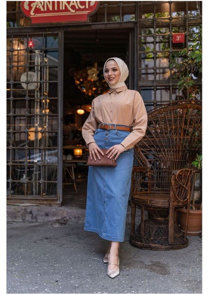 Doğal Kumaşlı Kemerli Kot Etek Açık Mavi