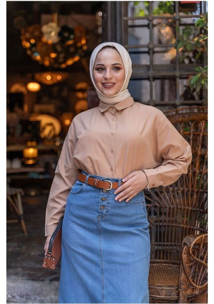 Doğal Kumaşlı Kemerli Kot Etek Açık Mavi modelleri