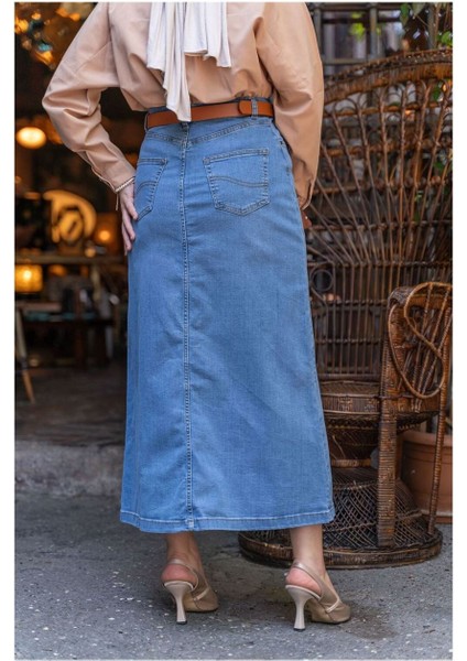 Doğal Kumaşlı Kemerli Kot Etek Açık Mavi fırsatları