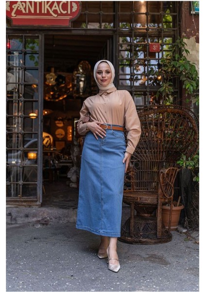 Doğal Kumaşlı Kemerli Kot Etek Açık Mavi indirimleri