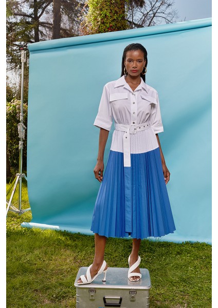 Beyaz Mavi Pilise Detaylı Poplin Elbise 93504