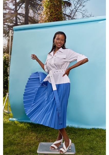 Beyaz Mavi Pilise Detaylı Poplin Elbise 93504 fiyatları