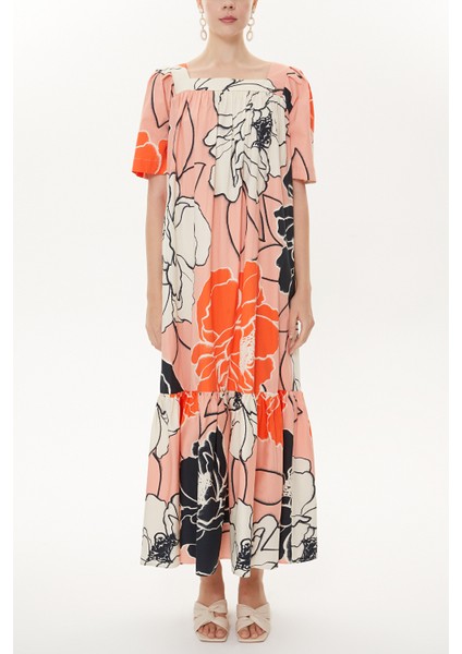 Pembe Bej Yarım Kollu Bol Kesim Elbise 93437