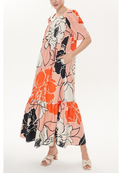 Pembe Bej Yarım Kollu Bol Kesim Elbise 93437