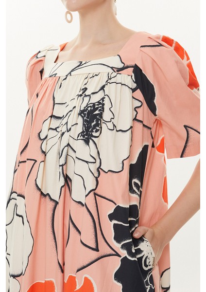 Pembe Bej Yarım Kollu Bol Kesim Elbise 93437