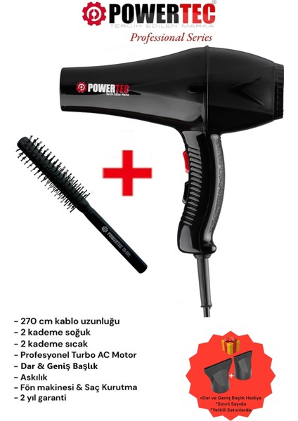 Yüksek Performanslı Turbo Fön Makinesi ve Fırça Seti, Siyah Renk