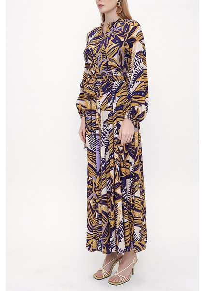 Desenli Beli Lastikli Uzun Elbise 93818