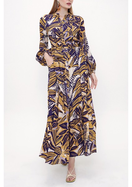 Desenli Beli Lastikli Uzun Elbise 93818