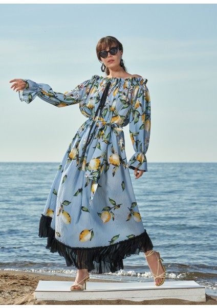 Desenli Omuzu Lastikli Bol Kesim Elbise 93557