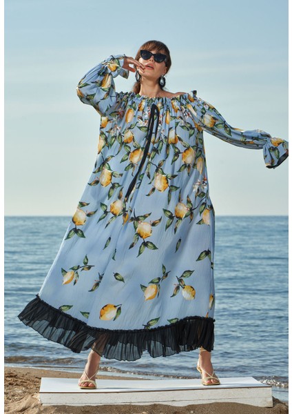 Desenli Omuzu Lastikli Bol Kesim Elbise 93557 fırsatları