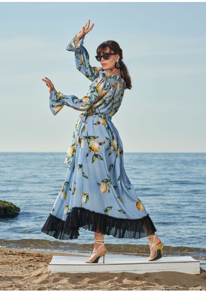 Desenli Omuzu Lastikli Bol Kesim Elbise 93557 indirimleri