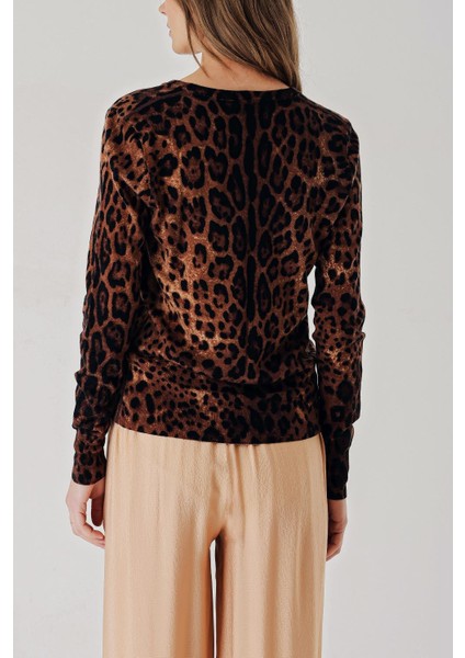 Leopar V Yaka Leopar Desenli Yün Triko Kazak 28875 fırsatları