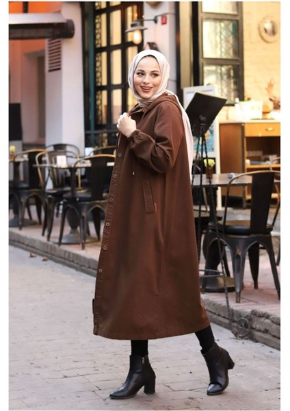 Denim Kapşonlu Kap- Denim Pardesü Kahverengi indirimleri