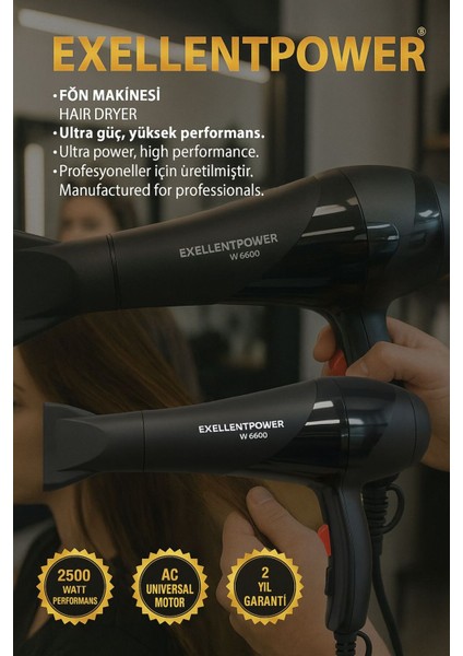 Siyah Exellent W6400 Fön Makinesi, Şık ve Güçlü Saç Kurutma Cihazı