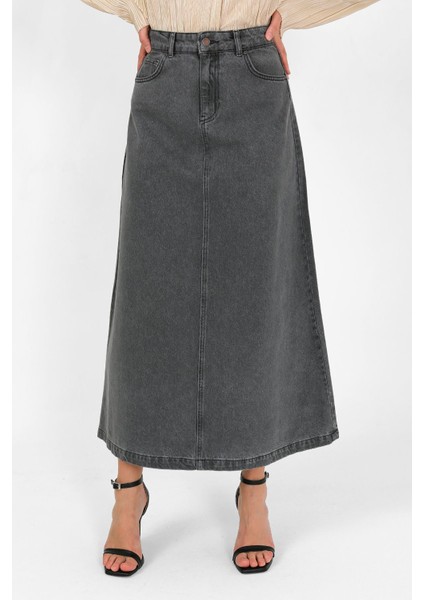 Yüksek Bel A Kesim Denim Etek Gri