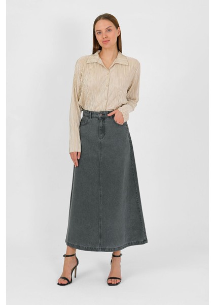 Yüksek Bel A Kesim Denim Etek Gri fırsatları