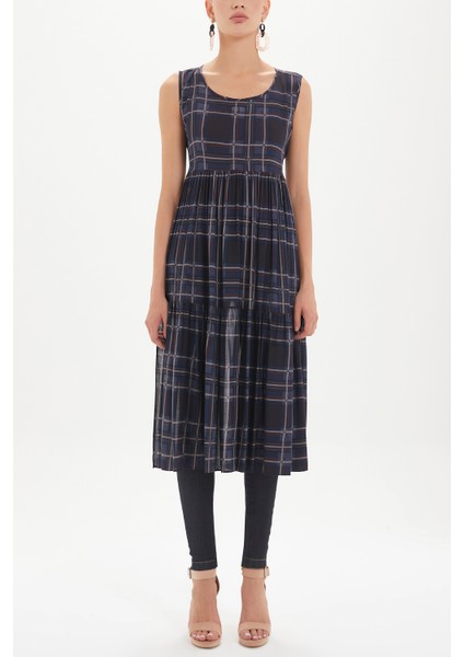 Ekose Sırt Dekolteli Kısa Kollu Midi Elbise 92399