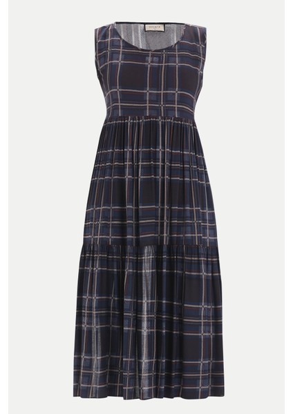 Ekose Sırt Dekolteli Kısa Kollu Midi Elbise 92399 indirimleri